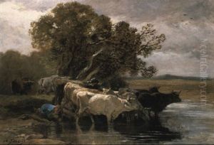 Drover Watering Cattle At A Pond by Charles Emile Jacque