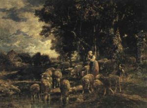 Bergere Gardant Une Troupe De Moutons by Charles Emile Jacque