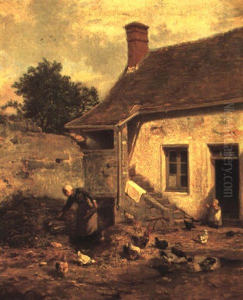 Mother And Child With Poultry In A Courtyard - view 1
