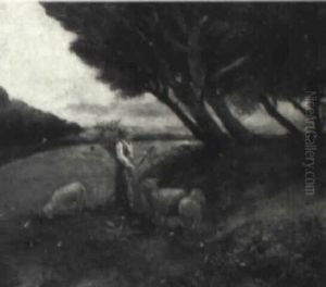 Shepherdess With Flock Of Sheep by Charles Emile Jacque