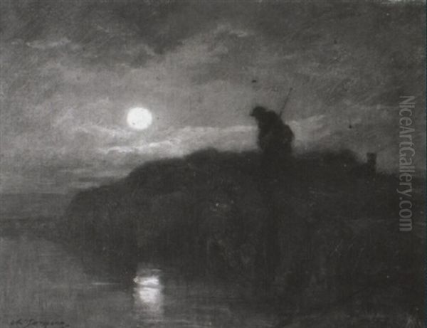 Schafer Mit Seiner Herde Bei Vollmond - view 1