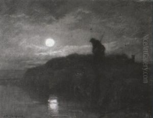 Schafer Mit Seiner Herde Bei Vollmond by Charles Emile Jacque