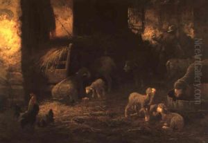 L'interieur D'une Bergerie Avec Des Moutons, Des Agneaux, Un Coq Et Une Poule by Charles Emile Jacque