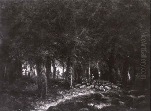 Schafer Mit Seiner Herde Im Wald Von Barbizon - view 1