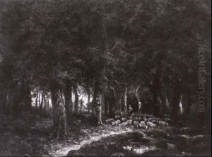 Schafer Mit Seiner Herde Im Wald Von Barbizon by Charles Emile Jacque
