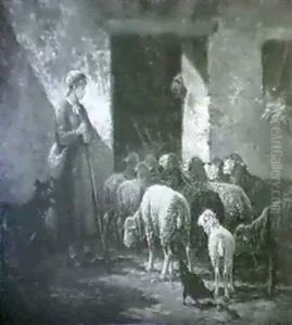 Young Woman Herding Sheep Into Barn by Charles Emile Jacque