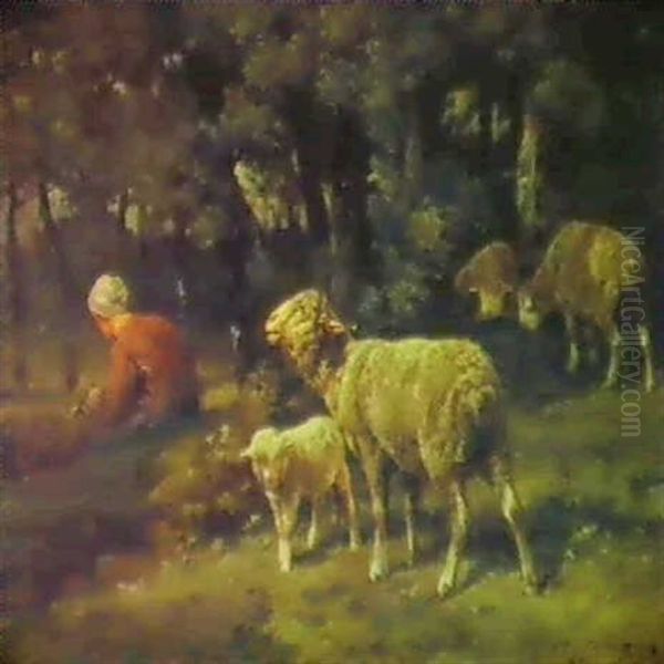 A Shepherdess With Her Flock In A Wood - view 1