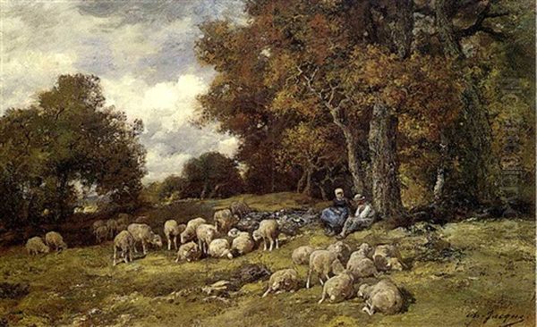 Shepherds With Their Flock In A Wooded Landscape - view 1