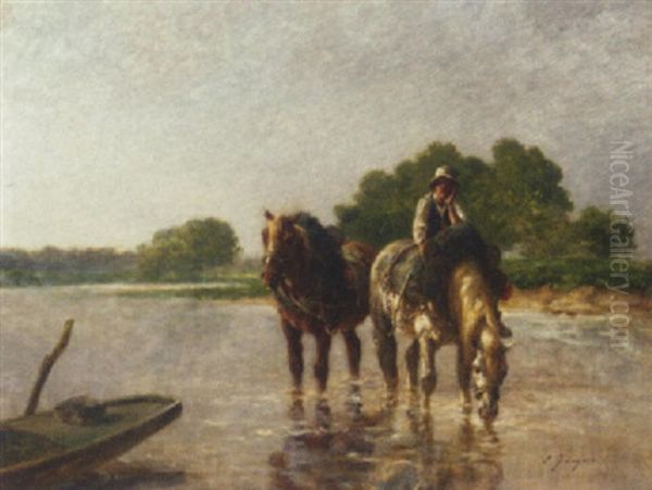 Working Horses Pausing For A Drink In A River - view 1