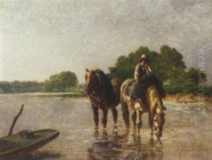 Working Horses Pausing For A Drink In A River Working Horses Pausing For A Drink In A River