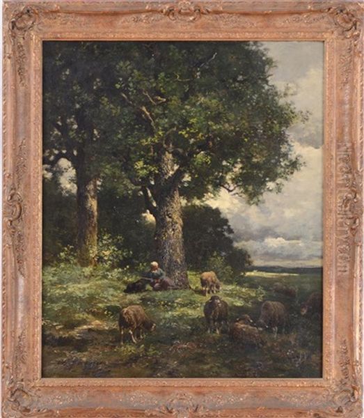 Shepherdess And Flock In Field - view 1