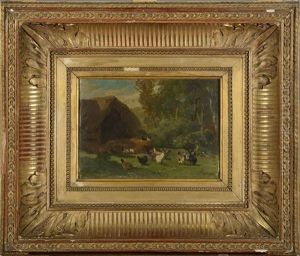 Poules Devant Une Grange De Foin by Charles Jacques