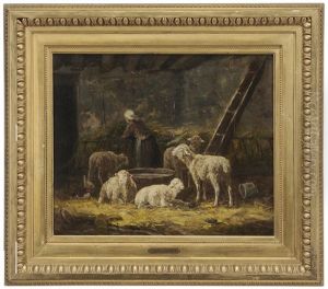 Shepherdess And Sheep In A Barn