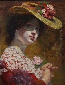 Portrait Of A Young Lady Wearing A Straw Hat by Emile Jacques