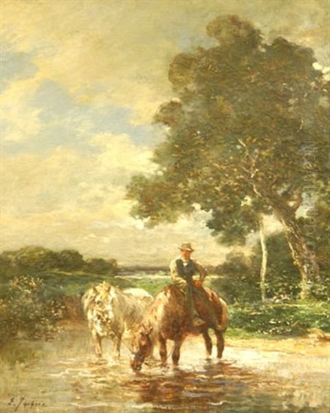 Chevaux S'abreuvant A La Mare - view 1