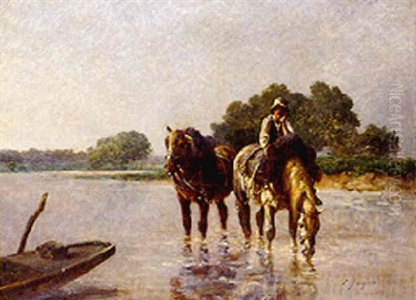 Draught Horses Fording A River - view 1