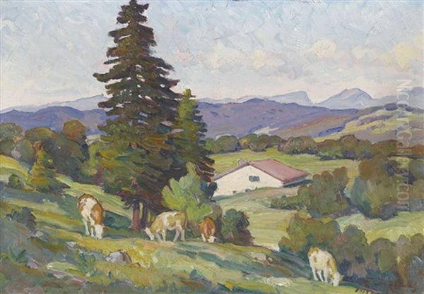 Sommerliche Landschaft Mit Weidenden Kuhen - view 1