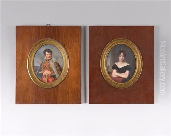 Portraits De Louis Bro De Comeres En Grand Uniforme De Capitaine Des Hussards De La Garde Imperiale Et De Marie-louise- Josephine-laure De Comeres En Robe De Velours Noir, Accoudee. - view 1