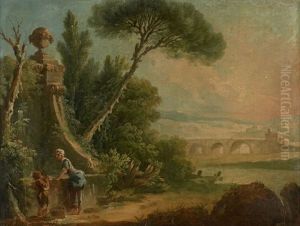 Jeune Femme Et Son Enfant A La Fontaine Dans Un Paysage Jeune Femme Et Son Enfant A La Fontaine Dans Un Paysage