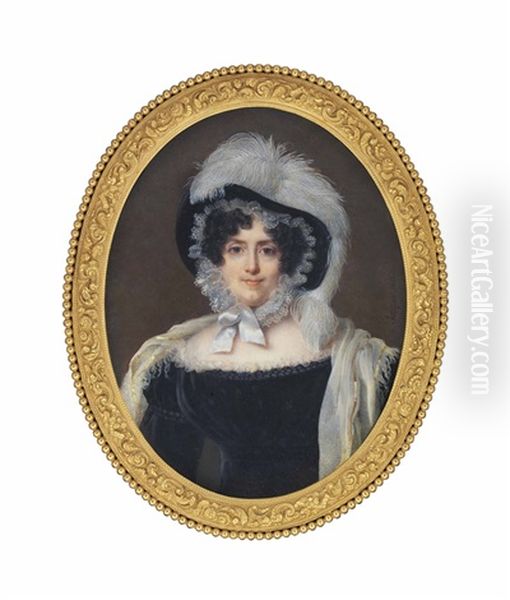 Jacquette Pauline Helene D'aure (1772-1843), Wearing Gold-trimmed White Shawl Over Black Dress, Her Black Hat Adorned With White Plumes And Tied With White Silk Ribbon Under Her Chin - view 1