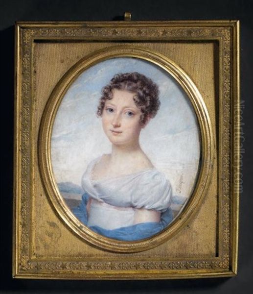 Portrait De Jeune Fille En Robe De Soie Blanche, Echarpe Bleue Et Coiffee De Boucles. Fond De Ciel Nuageux Et Paysage - view 1