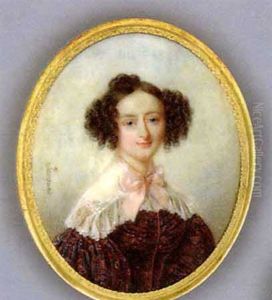 A Young Lady, In Red Embroidered Black Dress With Fichu-bordered White Collar, Pink Ribbon Bow Tied Around Neck, Her Centre-parted Dark Hair Dressed In Curls And Upswept by Nicolas Jacques