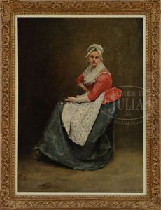Full Length Portrait Of A Young Woman Wearing A Red Blouse by Jacquet Gustave
