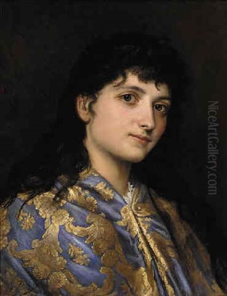 Portrait Of A Lady In A Blue And Gold Shawl - view 1