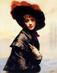 Portrait Of A Young Woman With Black Hat And Red Feathers by Jacquet Gustave