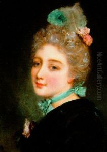 Portrait Of A Beauty With Blue Ribbon At Her Neck