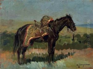 Cheval Harnache Dans Un Paysage by Henry Jacquier