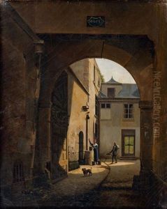 Scene De Rue : Conversation Entre Un Voyageur Et Une Femme Puisant De L'eau (+ Scene De Rue : Le Garde-champetre Remettant Un Pli; Pair) by Francois Xavier Joseph Jacquin