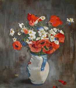 Feldblumenstraus Mit Mohn In Weis-blauem Krug by Willi Jaeckel