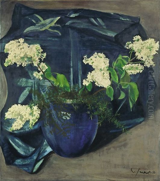 Stilleben Mit Weissem Flieder In Blauer Kugelvase - view 1