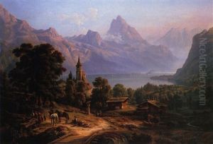 Am Wassertrog Vor Tiefer Landschaft Mit See Und Gebirge