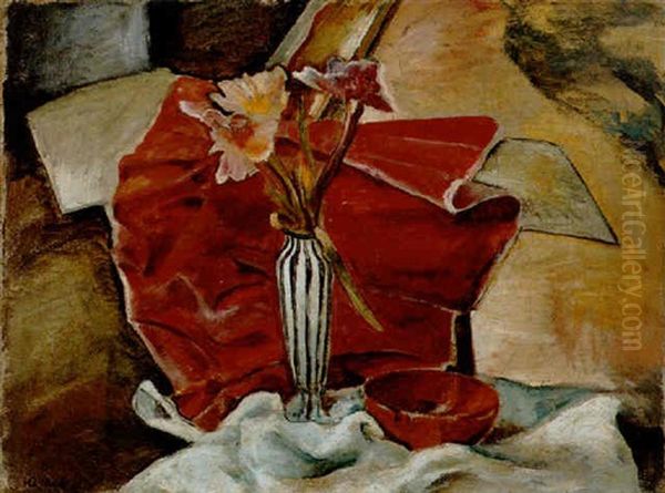 Stilleben Mit Blumenvase Vor Rotem Tuch - view 1