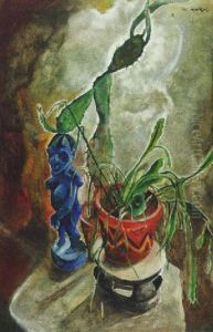 Stilleben Mit Kaktus Und Blauer Afrikanischer Skulptur by Willi Jaeckel