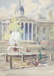 Girl Feeding Pigeons By A London Fountain by Mary Georgina Barton