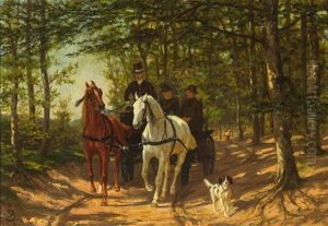 Ausfahrt In Einem Zweispannigen Landauer Durch Sommerliche Waldlandschaft by Friedrich Jaeger