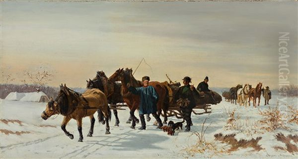 Bauern Mit Pferdeschlitten Beim Holztransport In Winterlicher Landschaft - view 1
