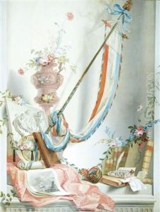 Still Life With A Banner, Flowers In A Terracotta Urn, A Bas-relief, A Globe, An Opened Letter And Blaeu's Atlas All Resting On A Partly Draped Stone Ledge by Gerke Jans De Jager