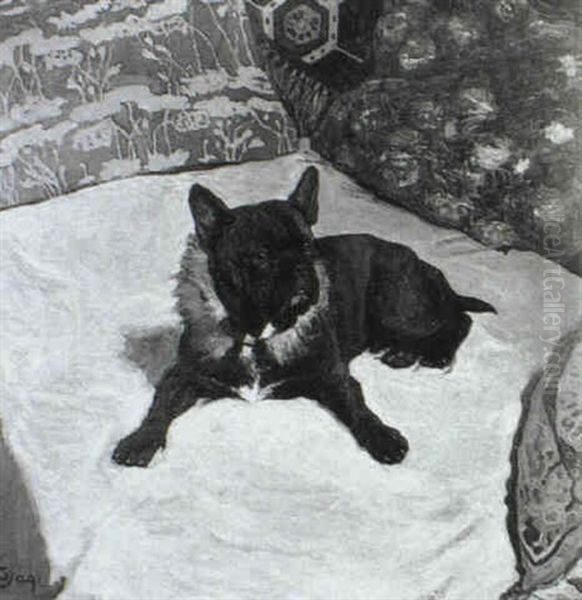 Portrait Of A Dog Seated On A Cushion - view 1