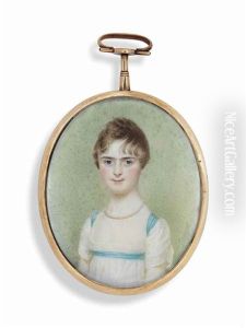 A Child, In White Dress With Blue Sash And Ribbons, Wearing A String Of Pearls