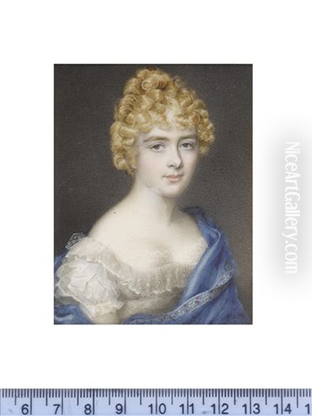 A Lady, Wearing White Dress With Short Bouffant Sleeves, Lace Underslip And Trim To Her Decollete And Sleeves, A Forget-me-not Blue Shawl Edged With Embroidery Draped About Her - view 1