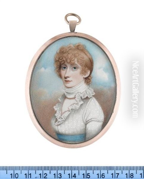 A Lady, Wearing White Dress With Frilled Lace Collar, Sky Blue Sash, A White Neck Scarf Tied Tightly Around Her Neck, Her Blonde Hair Upswept And Curled - view 1