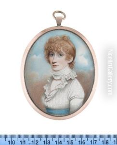 A Lady, Wearing White Dress With Frilled Lace Collar, Sky Blue Sash, A White Neck Scarf Tied Tightly Around Her Neck, Her Blonde Hair Upswept And Curled