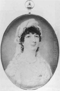 Mrs. Hand In White Dress Held With A Brooch, Frilled Neckline, A String Of Pearls At Her Neck, Drop Pearl Earrings
