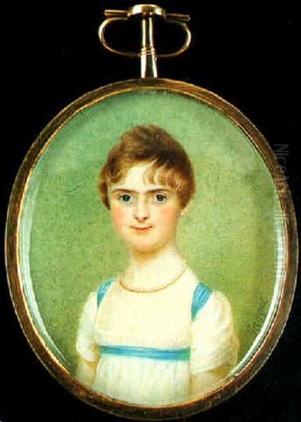 A Young Child Wearing White Dress With Blue Ribbon Decoration And String Of Pearls - view 1