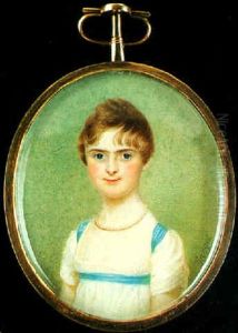 A Young Child Wearing White Dress With Blue Ribbon Decoration And String Of Pearls