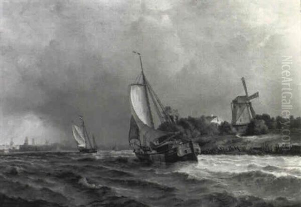 Sejleskibe Naer Kysten Udfor Hollandsk By - view 1